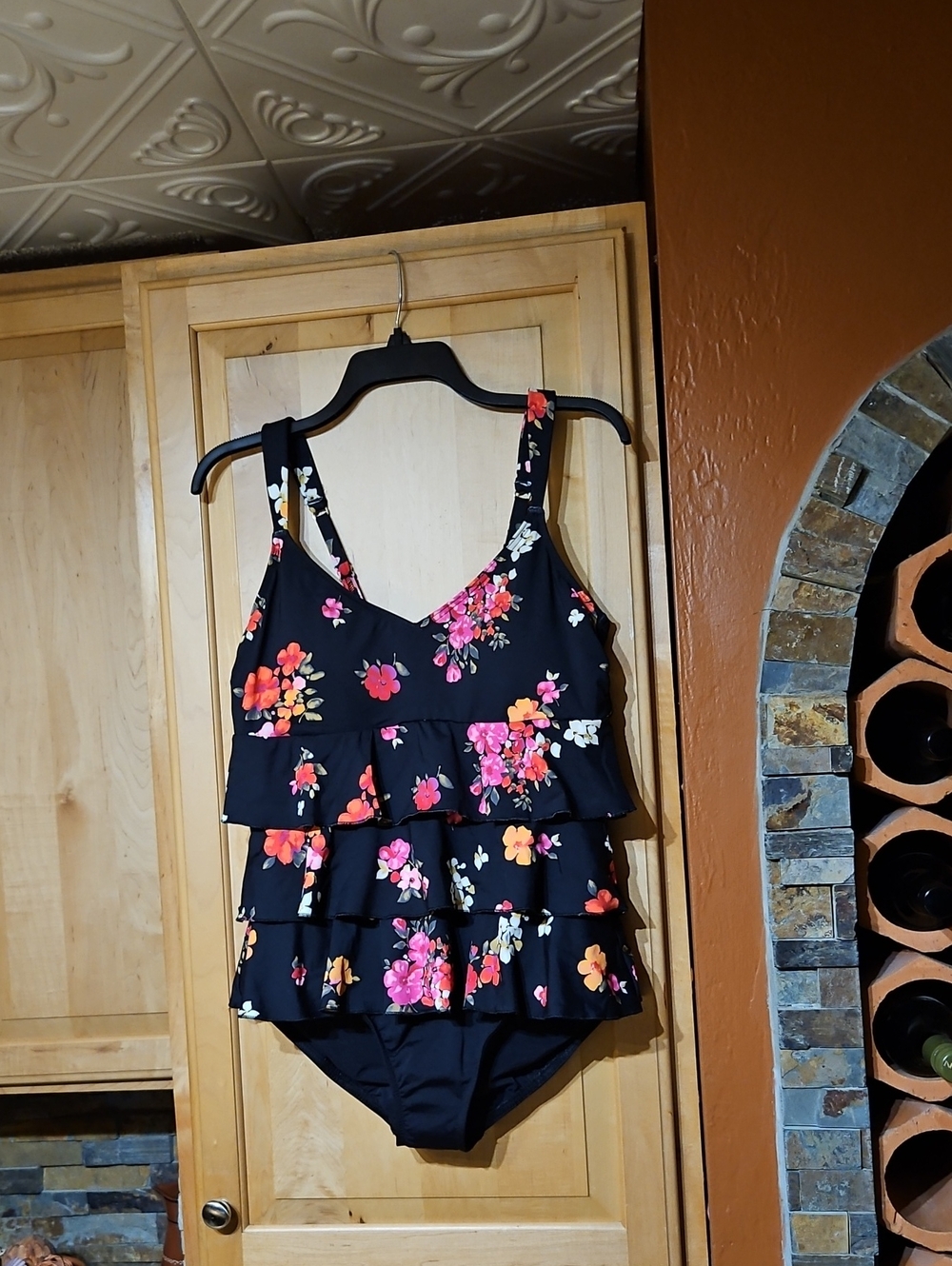 Lands' End Black Pink Red Orange Green Floral Tiered Ruffle One Piece Swimsuit